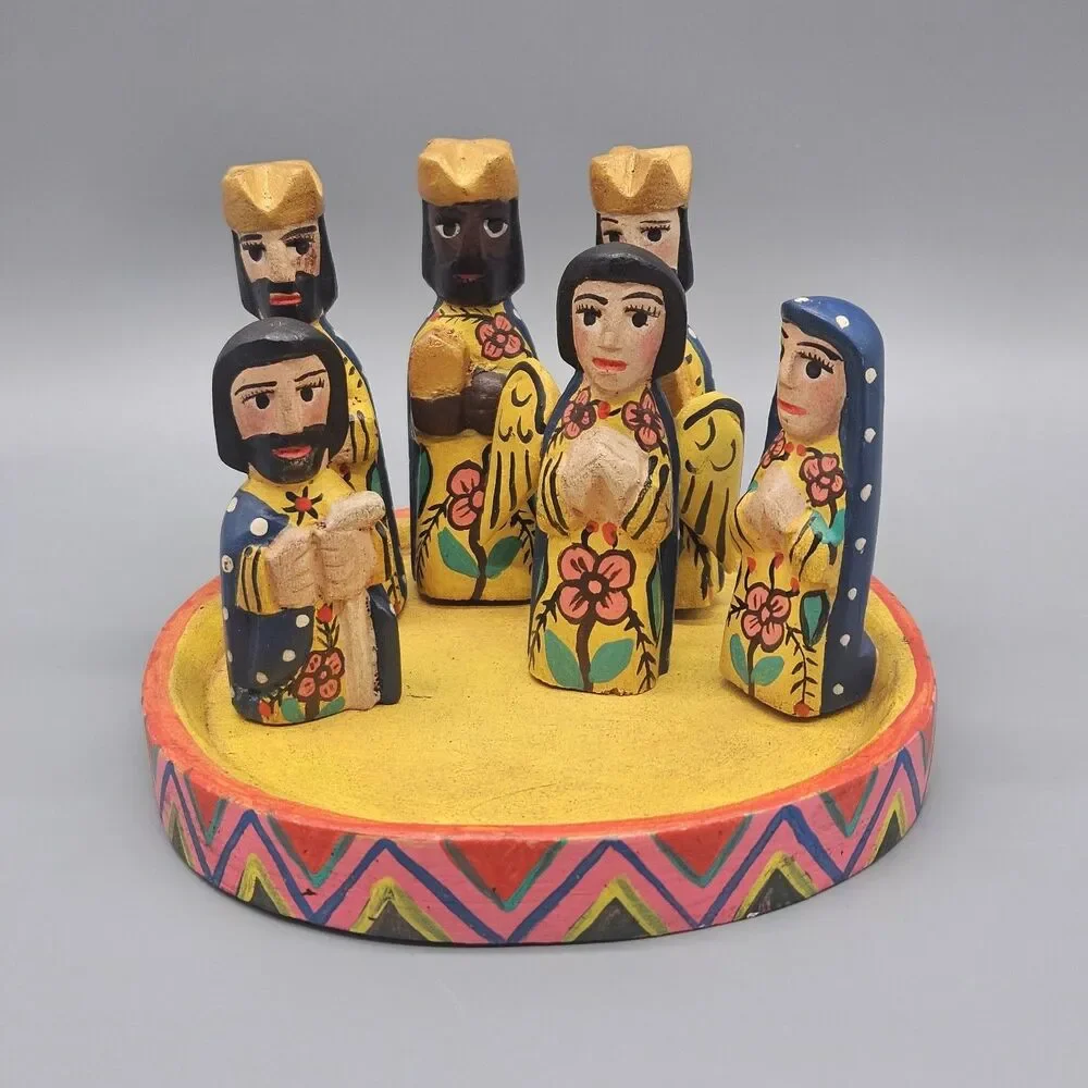 Handpainted Wooden Nativity Set Folk Art Colorful Table Piece Handcarved Mexico